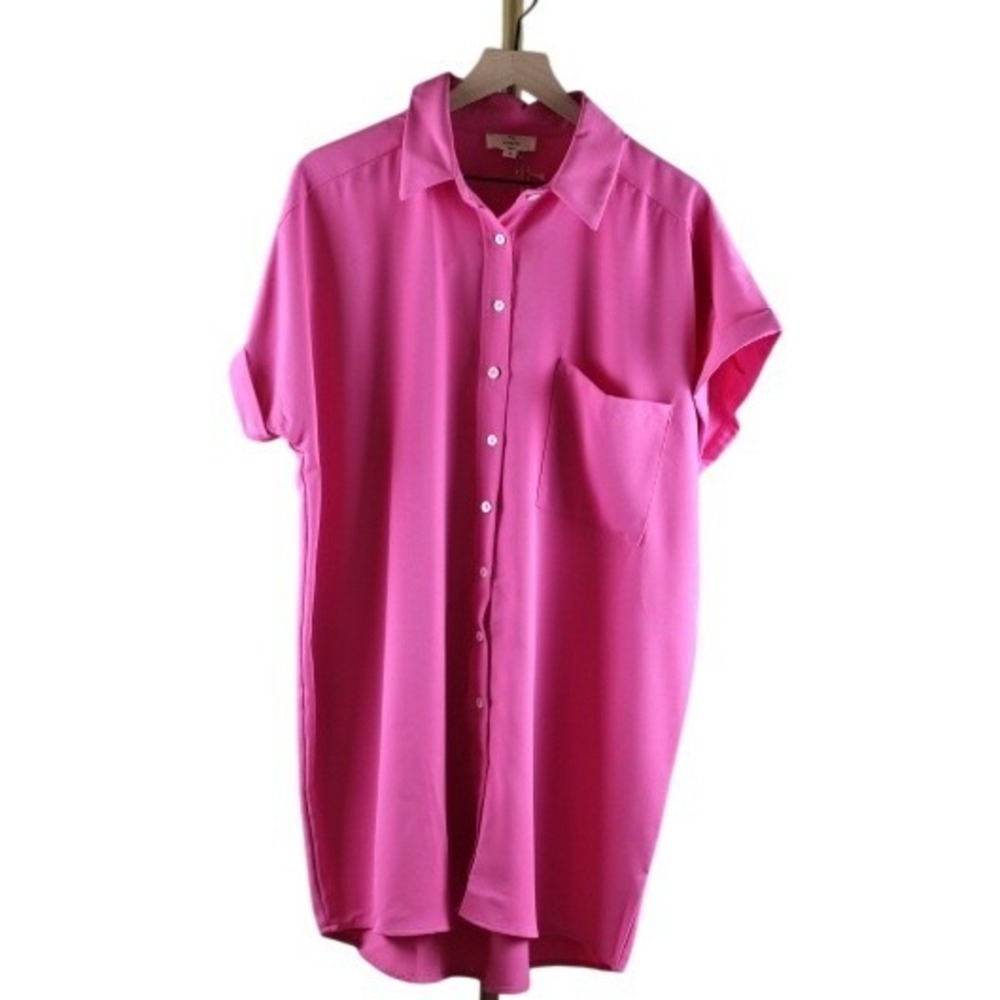 Entro Hot Pink Short Sleeve Button Down Shirt Dress Pocket Size Medium NWT